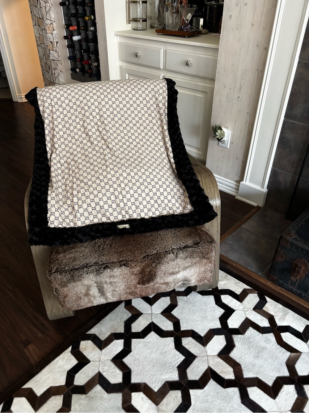 Luxury GG Beige Monogram Baby Throw with Black Faux Fur Trim
